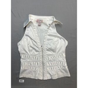 Star Style White Sateen Zip Up Sleeveless Collared Top Pleated Waist Size Medium